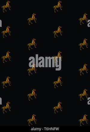 Pattern background made from figure of a brassy horse in stand up position over the black background - Image Stock Photo