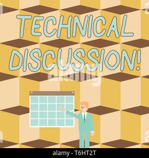 Text sign showing Technical Discussion. Business photo text conversation or debate about a specific technical issue Businessman Smiling and Pointing t Stock Photo