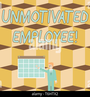Text sign showing Unmotivated Employee. Business photo text very low self esteem and no interest to work hard Businessman Smiling and Pointing to Colo Stock Photo