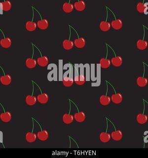 Vector seamless pattern with cherries on black bachground. Stock Vector