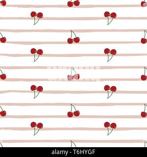 Vector seamless pattern with cherries on pink striped bachground. Stock Vector