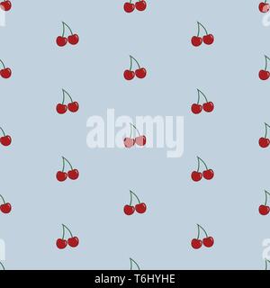 Vector seamless pattern with cherries on light blue background. Stock Vector