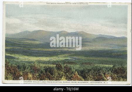 Detroit Publishing Company vintage postcard of Cherry Valley and Presidential Range Waumbek in the White Mountains in Jeffereson, New Hampshire, 1914. From the New York Public Library. ()