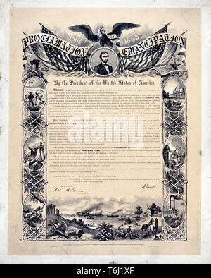 Emancipation Proclamation document, January 1st 1863 by the President of the United States of America showing text with illustrations, published 1864 Stock Photo