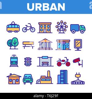 Urban, City Life Thin Line Icons Set. Urban Architecture, Transportation, Industry Linear Illustrations. Municipal Government Buildings. City Traffic, Stock Vector