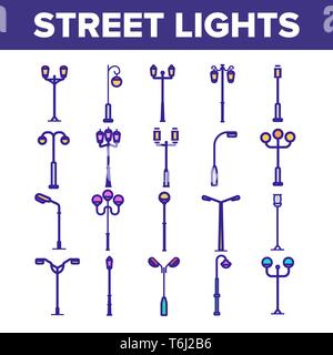 Street Lights Linear Vector Icons Set. Streetlights Thin Line Contour Symbols Pack. City Illumination Pictograms Collection. Old Fashioned Lantern, La Stock Vector