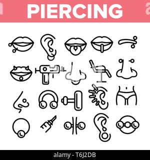 Piercing Salon Theme Linear Vector Icons Set. Piercing Earrings, Ball closure Ring Symbols Pack. Stainless Steel Jewelry Pictograms . Professional Too Stock Vector