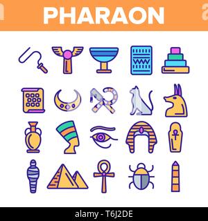 Pharaoh, Egypt King Vector Thin Line Icons Set. Pharaoh Royal Power Symbols Linear Illustrations. Pyramids, Mummy, Hieroglyph. Nefertiti, Anubis Silho Stock Vector