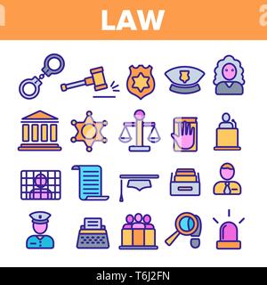 Law and Order Linear Vector Icons Set. Law, Jurisprudence Thin Line Contour Symbols Pack. Judicial System Pictograms Collection. Legal, Civil Rights.  Stock Vector