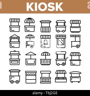 Kiosk, Market Stalls Types Linear Vector Icons Set Stock Vector