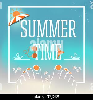 Summer time vector design banner with square frame for text. Illustration of feet with nails, shells, swimsuit, parasol, sand, the beach elements on b Stock Vector