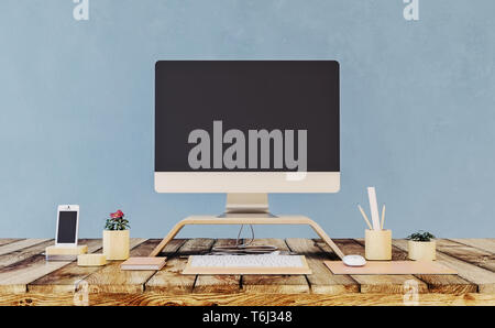 All in One computer with blank screen, keyboard, mouse, decoration and mobile phone on a old wooden desk, concept of a designer work space, mock-up Stock Photo