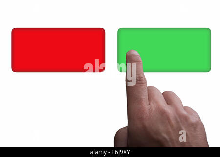 Buttons with copy space, green and red, and finger pointing, on a white background Stock Photo