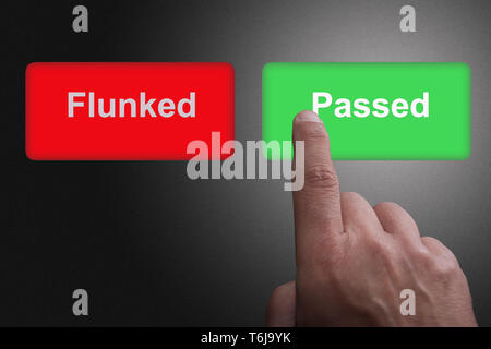 Two Buttons with written Flunked and passed and pointing finger, on a gray gradient background Stock Photo