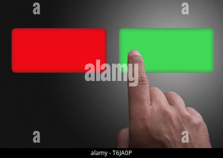 Two Buttons with copy space, green and red, and finger pointing, on a gray gradient background Stock Photo