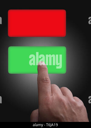 Buttons with copy space, green and red, and finger pointing, on a gray gradient background Stock Photo