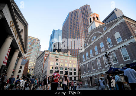 Boston, Massachusetts, USA - 19th July 2014 : View on the square between the famous Quincy Market and the Feneuil Hall located in the downtown of Bost Stock Photo