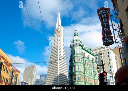San Francisco, California, USA - 20th May 2015 : View on the famous Transamerica Pyramid building and the Columbus Tower in San Francisco, USA Stock Photo