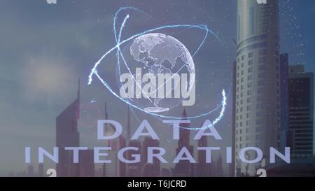 Data integration text with 3d hologram of the planet Earth against the backdrop of the modern metropolis Stock Photo