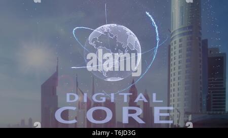 Digital Core text with 3d hologram of the planet Earth against the backdrop of the modern metropolis Stock Photo