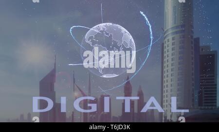 Digital text with 3d hologram of the planet Earth against the backdrop of the modern metropolis Stock Photo