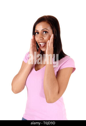 Happy woman holding her hands on face Stock Photo