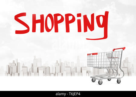 3d rendering of empty supermarket trolley with title Shopping above and with cityscape in distance behind. Stock Photo