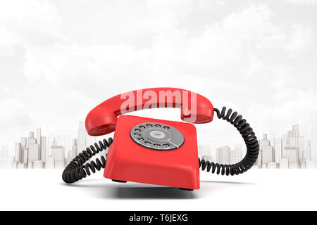 3d rendering of red retro telephone on white city skyscrapers background Stock Photo