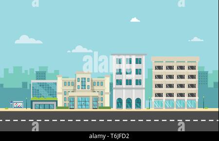 City street and company with bus stop in flat style.Business buildings in urban.Buildings on main street.Vector illustration.Modern cityscape design.U Stock Vector
