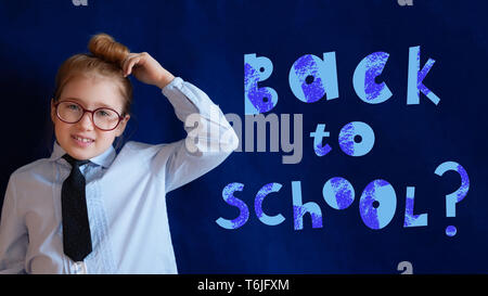 Back to school horizontal banner. Elementary grade schoolgirl in spectacles. Chalk style lettering with question mark. Confused student scratching head. School education, knowledge gaining poster Stock Photo