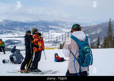 People skiing and preparing to ski at Keystone Ski Resort, Keystone, Colorado, USA. Stock Photo