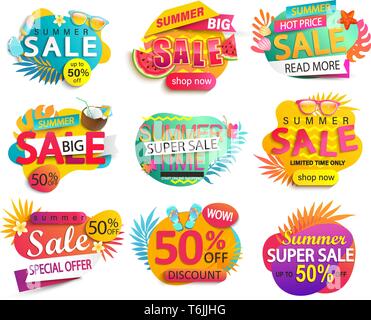 Big Set of summer sale and discounts stickers. Stock Vector