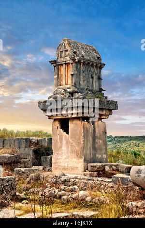 A Lycian  marble pillar tomb from 480-470 B.C.  Xanthos, UNESCO World Heritage Archaeological Site, Turkey Stock Photo
