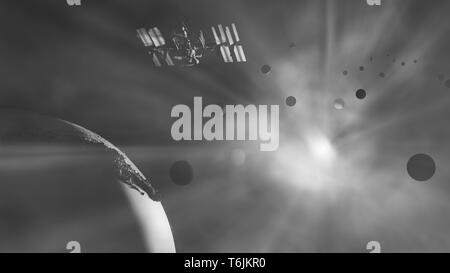 Planets, ISS and the sun in cosmic fog. 3D illustration Stock Photo