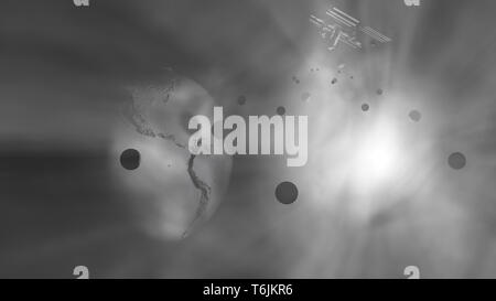 Planets, ISS and the sun in cosmic fog. 3D illustration Stock Photo