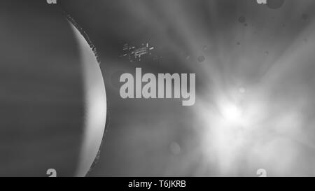 Planets, ISS and the sun in cosmic fog. 3D illustration Stock Photo