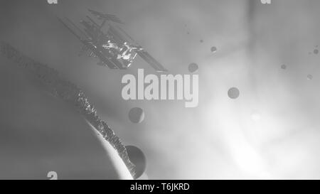 Planets, ISS and the sun in cosmic fog. 3D illustration Stock Photo