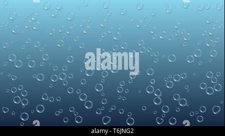 Accumulation of transparent water drops on blue background. Condensation of liquid on the surface. Stock Vector
