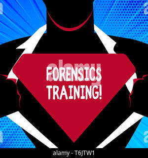Handwriting text writing Forensics Training. Conceptual photo scientific methods and processes to solving crimes Man in Superman Pose Opening his Shir Stock Photo