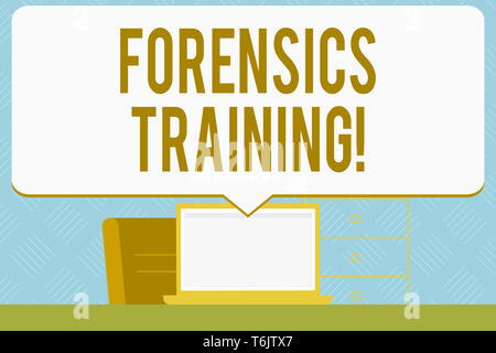 Writing note showing Forensics Training. Business concept for scientific methods and processes to solving crimes Speech Bubble Pointing White Laptop S Stock Photo