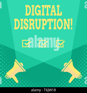Handwriting text Digital Disruption. Conceptual photo transformation caused by emerging digital technologies Blank Double Spotlight Crisscrossing Upwa Stock Photo