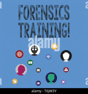Writing note showing Forensics Training. Business concept for scientific methods and processes to solving crimes Networking Technical Icons Chat Heads Stock Photo