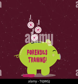 Handwriting text writing Forensics Training. Conceptual photo scientific methods and processes to solving crimes Color Piggy Bank Sideview and Dollar  Stock Photo