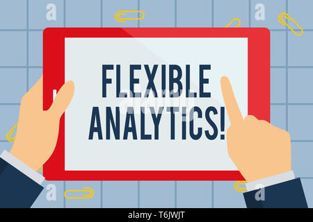 Text sign showing Flexible Analytics. Business photo text changing marketplace focused on valuebased care Businessman Hand Holding, Pointing and Touch Stock Photo