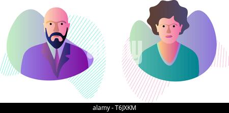 Male female on dynamic modern liquid element graphic gradient flat style design fluid vector colorful illustration simple abstract shapes. Couple husb Stock Vector