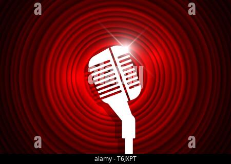 Vintage microphone on movie ending screen retro design element red circles signboard backdrop. Mic on empty theatre stage. Stand up comedian night sho Stock Vector