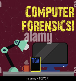 Handwriting text Computer Forensics. Conceptual photo the investigative analysis techniques on computers Arrangement of Workspace for Nightshift Worke Stock Photo