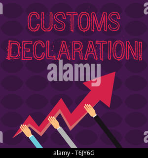 Handwriting text writing Customs Declaration. Conceptual photo Official document showing goods being imported Three Hands Holding Colorful Zigzag Ligh Stock Photo