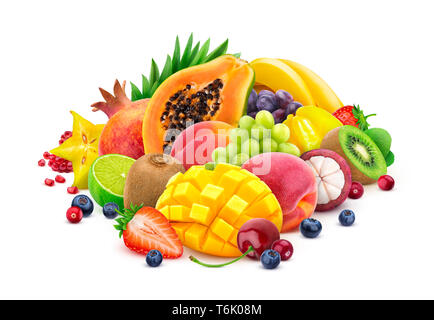 Assortment of exotic fruits and berries isolated on white background with clipping path Stock Photo