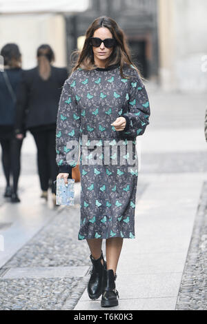 Milan, Italy - February 21, 2019: Street style outfit after a fashion show during Milan Fashion Week - MFWFW19 Stock Photo